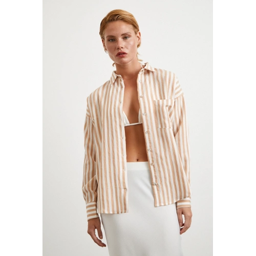 Multi Çizgili Cepli Gömlek Camel