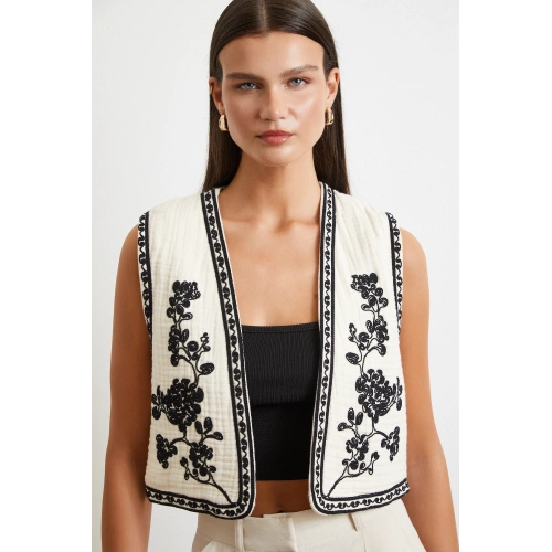 Nakışlı Oversize Yelek Krem