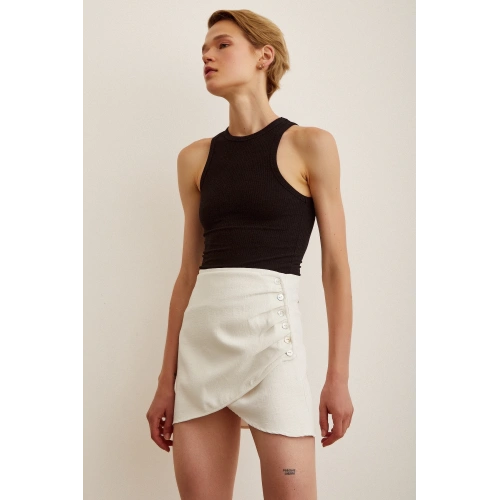 Önden Pileli Düğmeli Etek Bej