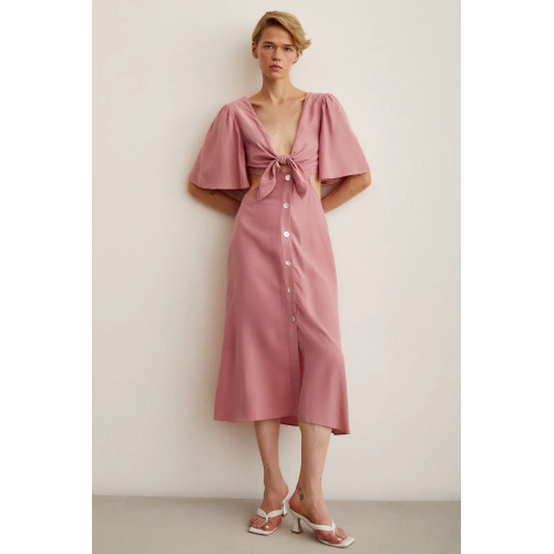 Önü Bağlamalı Balon Omuz Elbise Gül Kurusu