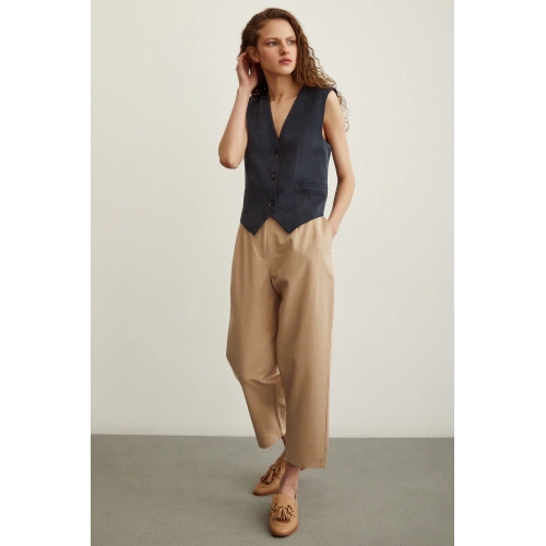 Önü Çift Pileli Pantolon Bej