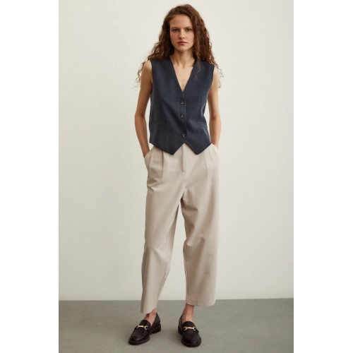 Önü Çift Pileli Pantolon Taş