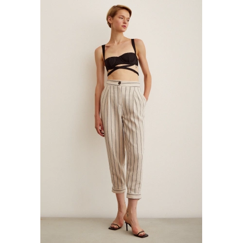 Önü Düğmeli Çizgili Pantolon Çizgili Ekru