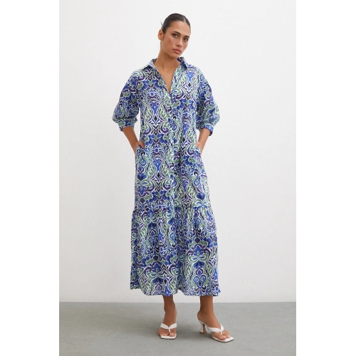 Önü Düğmeli Fakir Kol Elbise Lacivert