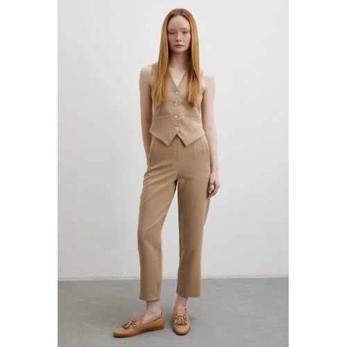 Önü Pensli Skinny Kumaş Pantolon Vizon