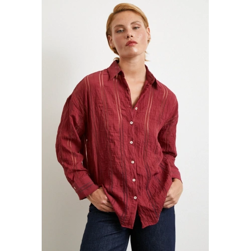 Organze Çizgili Gömlek Bordo