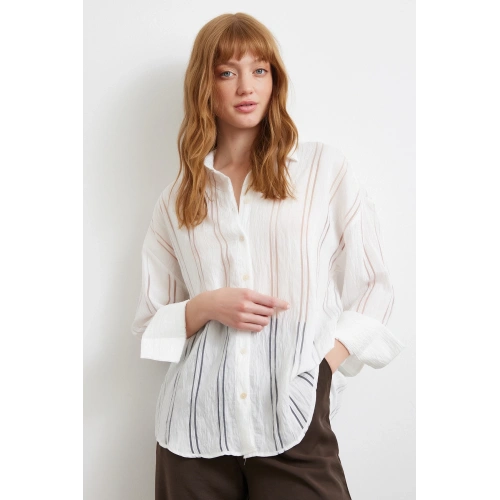 Organze Çizgili Gömlek Ekru
