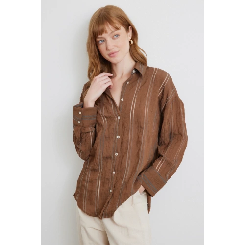 Organze Çizgili Gömlek Kahve