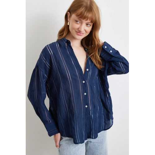 Organze Çizgili Gömlek Lacivert