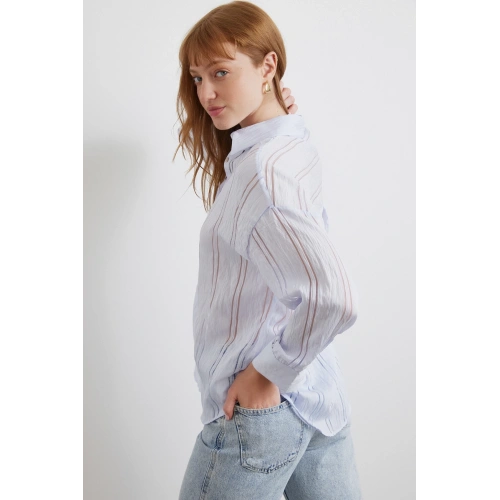 Organze Çizgili Gömlek Mavi