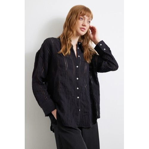 Organze Çizgili Gömlek Siyah