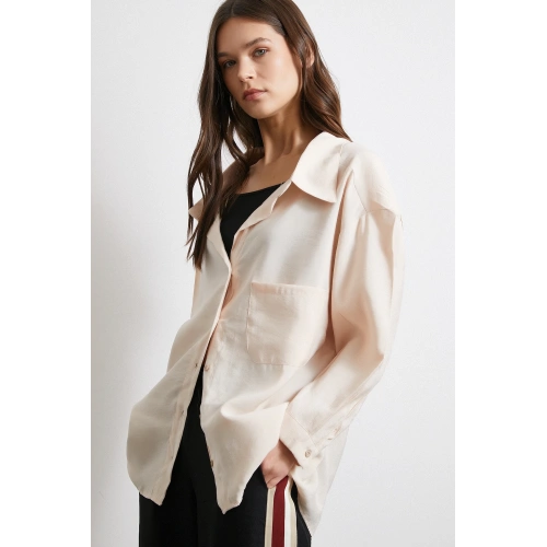 Oversize Cepli Modal Gömlek Bej