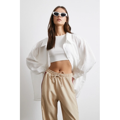 Oversize Cepli Modal Gömlek Beyaz