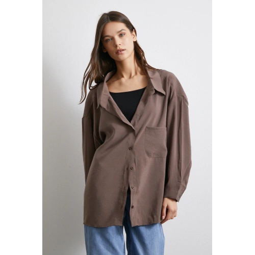 Oversize Cepli Modal Gömlek Kahve