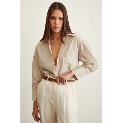 Oversize Çizgili Gömlek Bej