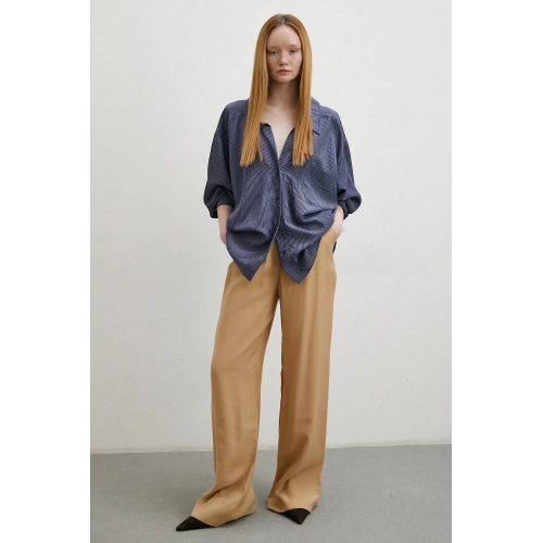 Oversize İnce Çizgili Gömlek Lacivert