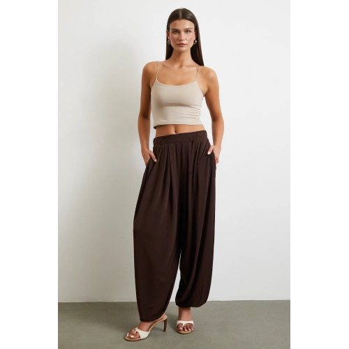 Paça Detaylı Şalvar Pantolon Kahve