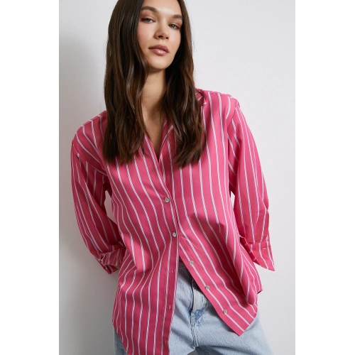 Pamuklu Çizgili Gömlek Pembe