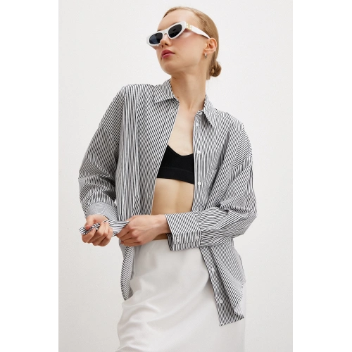 Pamuklu Çizgili Gömlek Siyah