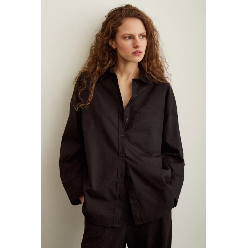 Pamuklu Poplin Gömlek Siyah