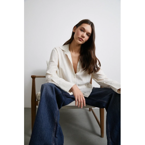 Pamuklu Simli Çizgili Gömlek Krem