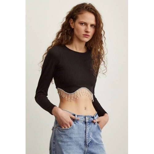 Parlak Taşlı Crop Siyah