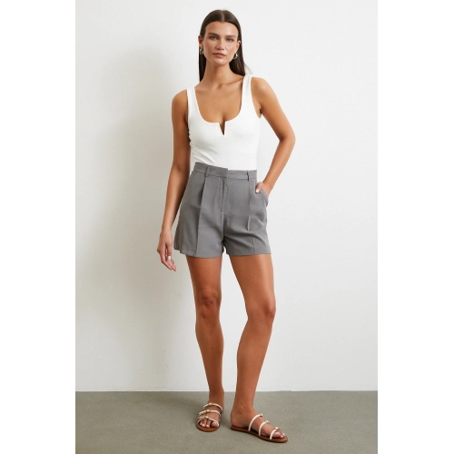 Piliseli Cepli Şort Gri