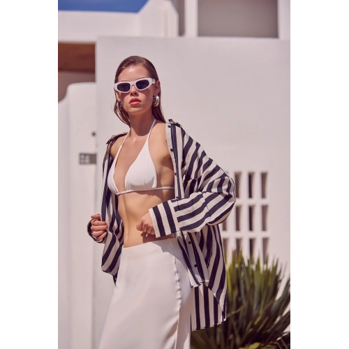 Poplin Çizgili Gömlek Ekru