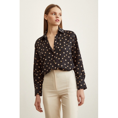 Puantiye Desenli Saten Gömlek Siyah