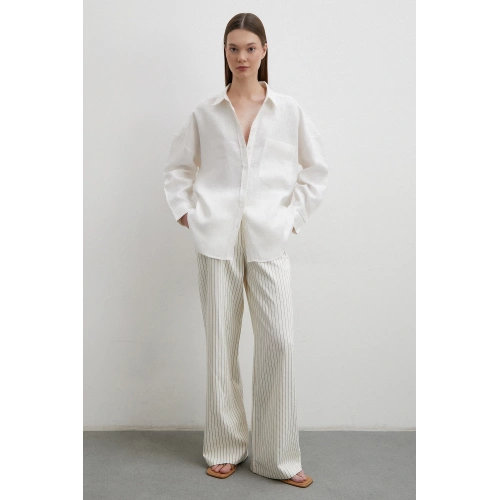 Robalı Cepli Keten Gömlek Ekru