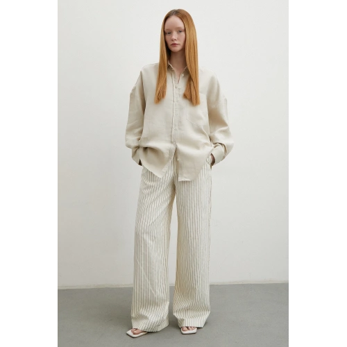 Robalı Cepli Keten Gömlek Taş