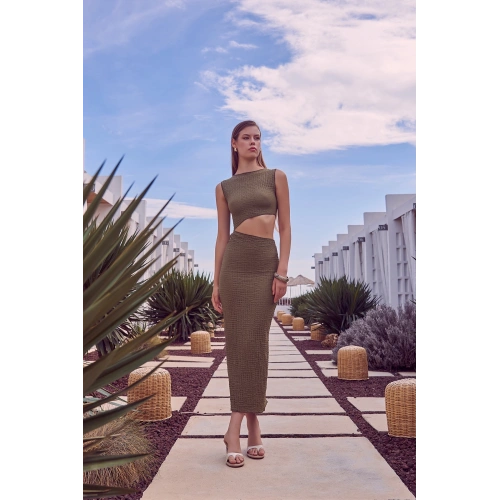 Sıfır Kol Yırtmaçlı Elbise Haki