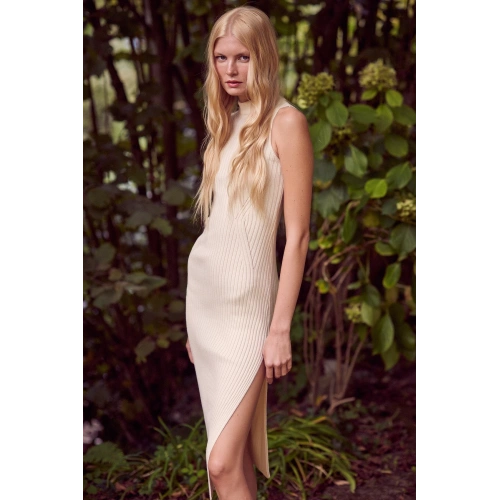 Sıfır Kol Yırtmaçlı Triko Elbise Ekru