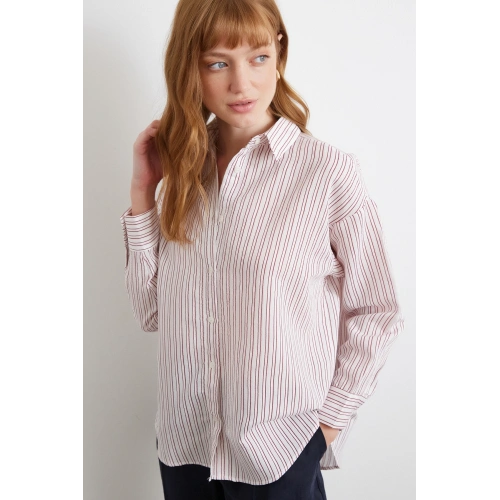 Simetrik Çizgili Gömlek Bordo