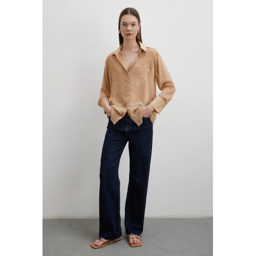 Simli V Yaka Gömlek Gold