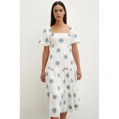 Sırtı Fiyonklu Keten Elbise Mavi