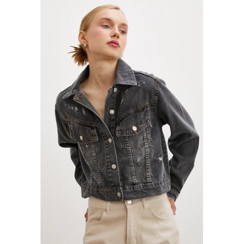 Sırtı Nakışlı Kot Ceket Antirasit