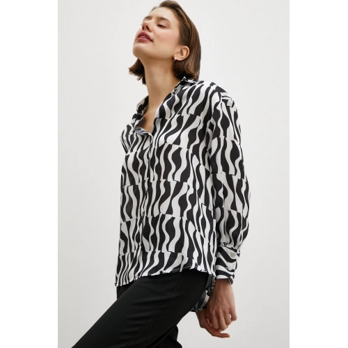 Siyah Baskılı Saten Gömlek Siyah