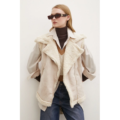 Süet Yünlü Deri Yelek Bej