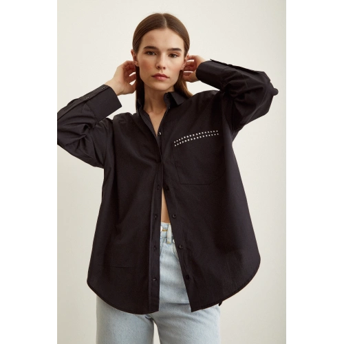Taş Detaylı Poplin Gömlek Siyah