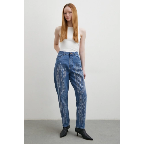 Taş İşlemeli Mom Jean Mavi