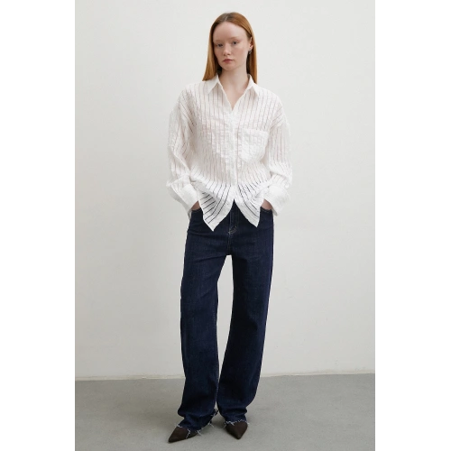 Transparan Çizgili Gömlek Beyaz