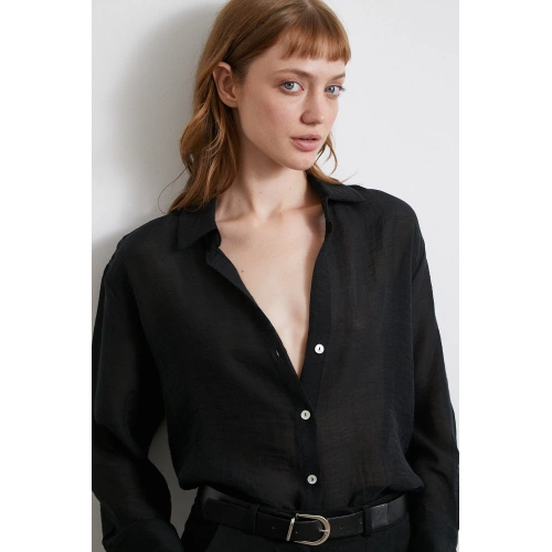 Transparan Saten Gömlek Siyah