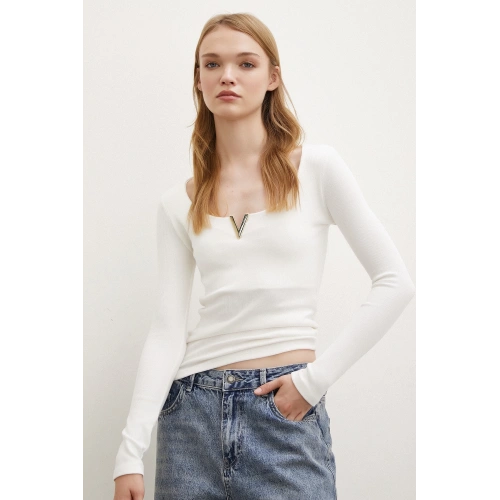 V Dekolteli Uzun Kollu Bluz Beyaz