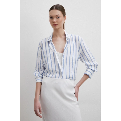 V Yaka Çizgili Modal Gömlek Mavi