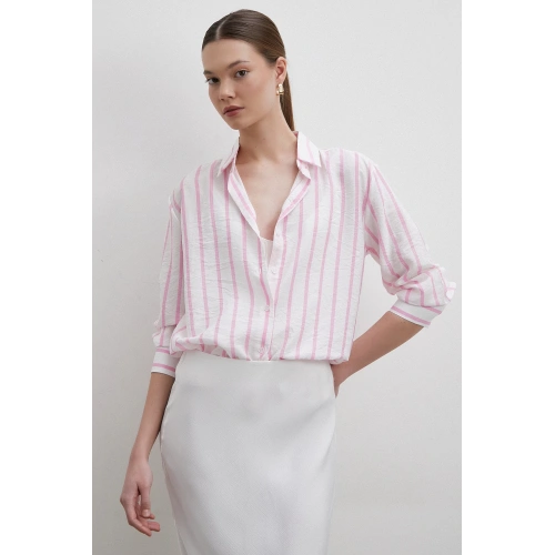 V Yaka Çizgili Modal Gömlek Pembe