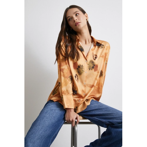 V Yaka Desenli Gömlek Somon