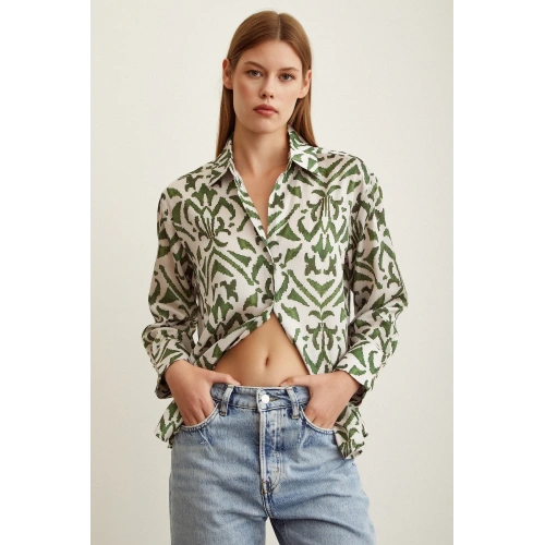 V Yaka Desenli Saten Gömlek Haki