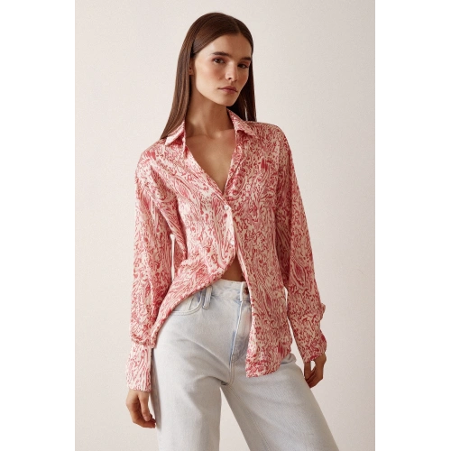 V Yaka Desenli Saten Gömlek Kırmızı