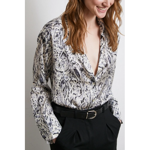 V Yaka Desenli Saten Gömlek Siyah